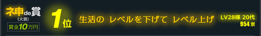 1位　生活の レベルを下げて レベル上げ　LV28様 20代　954票