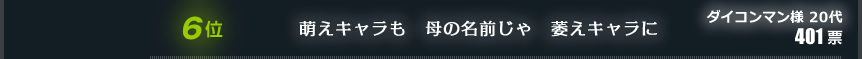 6位　萌えキャラも　母の名前じゃ　萎えキャラに　ダイコンマン様 20代　401票