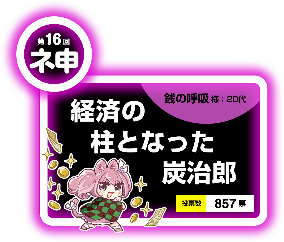 第16回神 経済の柱となった炭治郎（銭の呼吸様：20代）投票数857票