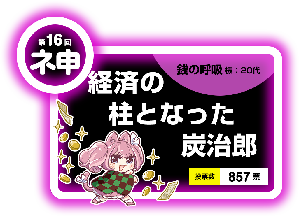 第16回神 経済の柱となった炭治郎（銭の呼吸様：20代）投票数857票