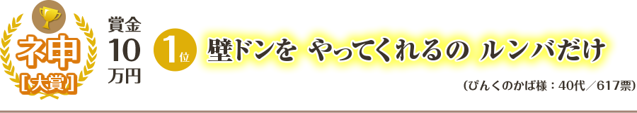 ネ申「大賞」：賞金10万円　1位　壁ドンをやってくれるのルンバだけ（ぴんくのかば様：40代／617票）