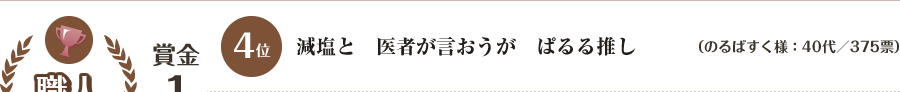 職人「佳作」：賞金1万円　4位　減塩と　医者が言おうが　ぱるる推し （のるばすく様：40代／375票）