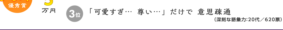 天才（優秀賞）賞金5万円。3位：「可愛すぎ… 尊い…」 だけで 意思疎通（深刻な語彙力：20代／620票）